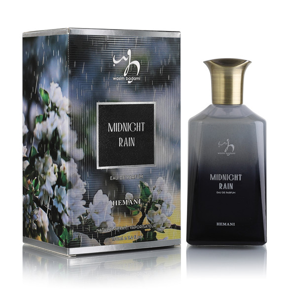 Midnight Rain perfume, Midnight Rain Hemani, Midnight Rain Eau de Parfum, Midnight Rain 100ml EDP, Hemani Midnight Rain parfum, Midnight Rain parfum unisex,parfum me nota akuatike, parfum me mollë, parfum me bergamot, parfum me amber, parfum me myshk, parfum floral i freskët