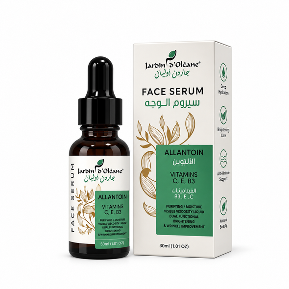 allantoin face serum, allantoin serum, serum me allantoinë, serum allantoin për fytyrën, serum qetësues për fytyrën, serum për lëkurë të ndjeshme, serum për lëkurë të thatë, serum për lëkurë të dehidratuar, soothing face serum, hydrating face serum, moisturizing serum, niacinamide serum, serum me niacinamide, vitamin c serum, serum me vitaminë c, vitamin e serum, panthenol face serum, serum me panthenol, serum për hidratim, serum për shkëlqimin e lëkurës, brightening face serum, antioxidant face serum, serum për ton uniform, Jardin d'Oleane Allantoin Serum, Jardin d'Oleane Face Serum, Moroccan skincare