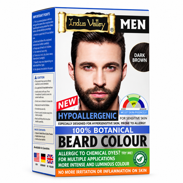 Indus Valley Beard Colour, Dark Brown Beard Colour, bojë për mjekër, bojë natyrale për mjekër, bojë kafe e errët për mjekër, bojë bimore për mjekër, bojë për mjekër pa PPD, bojë për mjekër pa amoniak, Hypo Allergic Beard Colour, Indus Valley Dark Brown, bojë për mjekër të ndjeshme, mbulim i qimeve të bardha, bojë për mustaqe, Indus Valley Albania