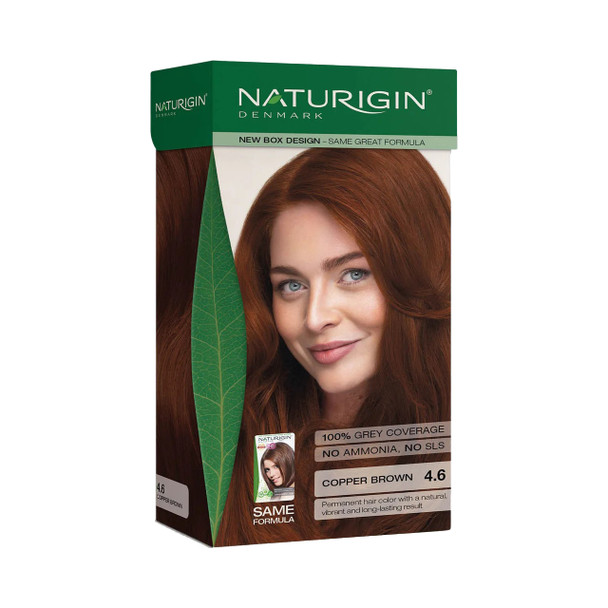 Naturigin  Copper Brown 4.6 Hair Colour, boje organike, boje naturigin, boje kafe të errët me tone të artë dhe të kuqe, boje per gra shtatzena, teamra, teamra herbals, produkte organike, bojra flokesh, bojra flokesh organike, boje pa paraben, boje pa kimikate, bojra flokesh pa kimikate, pa amoniak, pa SLS,  Vegan, mbulon thinjat,