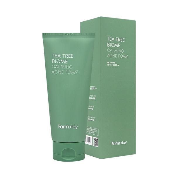 tea tree biome calming acne foam, acne cleanser, acne foam, tea tree, farmstay, lares per aknet, akne, trajtues aknesh, pucrra, lares, lares fytyre