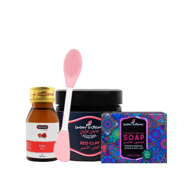 Wrinkle Reset Trio, Rose Oil, Red clay 200gr, Traditional Soap Red Clay & Jasmine, Furçë Aplikuese për maskën