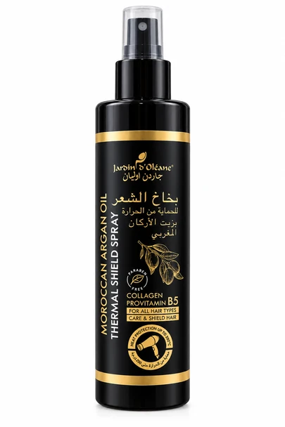 heat protection spray, spray mbrojtës për flokët, mbrojtës termik për flokët, spray kundër nxehtësisë, mbrojtje nga piastra, mbrojtje nga tharësja, heat protector hair, thermal protection spray, hair heat protector, argan oil heat protection, spray me vaj argani, spray me provitaminë B5, panthenol hair spray, spray për flokë të dëmtuar, spray kundër frizz, mbrojtje termike flokësh, Jardin d'Oleane heat protection, Moroccan hair care
