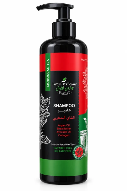Moroccan Tea Shampoo, shampo Moroccan Tea, Jardin D'Oléane shampoo, shampo Jardin D'Oléane, shampo me vaj argani, shampo me proteina, shampo ushqyese për flokët, shampo hidratuese, shampo për flokë të thatë, shampo për flokë të dëmtuar, shampo natyrale për flokët, produkte marokene për flokët, Jardin D'Oléane Morocco
