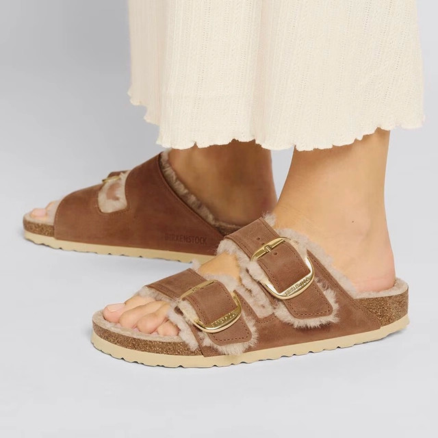 Birkenstock Arizona Sandal – Big Buckle Shearling Cognac Oiled Leather – Women’s