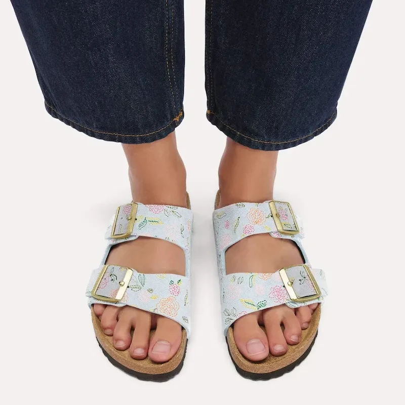 Birkenstock Arizona Flower Sandal – Baby Blue Print Suede Leather – Women's