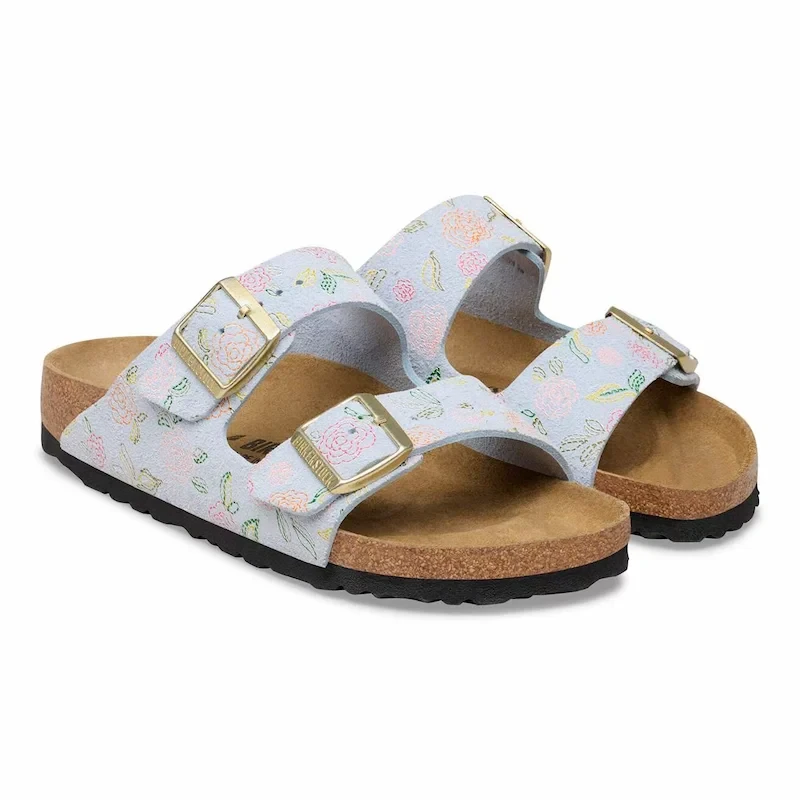 Birkenstock Arizona Flower Sandal – Baby Blue Print Suede Leather – Women's