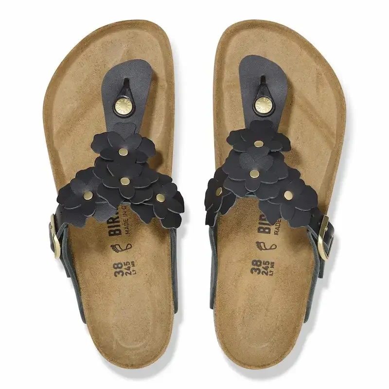 Birkenstock Gizeh Flowers Sandal – Black leather – Women's