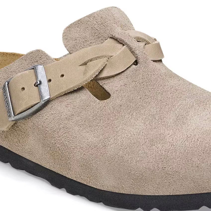 Birkenstock Boston Braided Taupe Suede Clogs | Women's - Simply