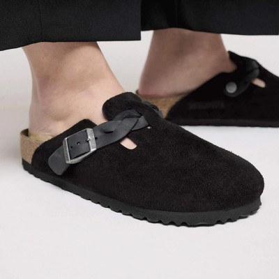 Birkenstock Boston Braided Black Suede Leather Clogs | Women's