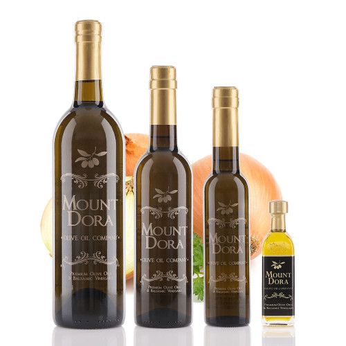 Four different size bottles of Mount Dora Cilantro and Roasted Onion Infused Olive Oil