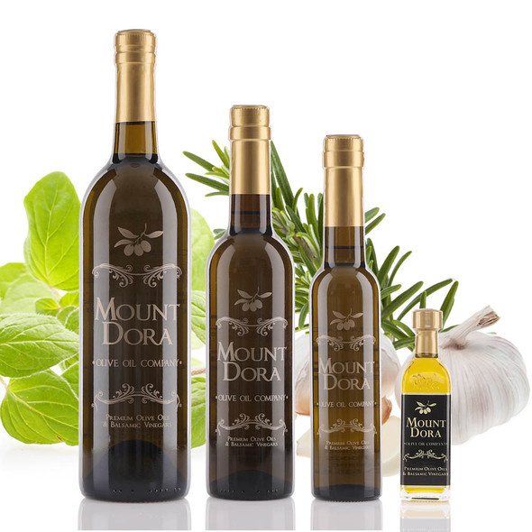 Four different size bottles of Mount Dora Tuscan Herb Infused Olive Oil