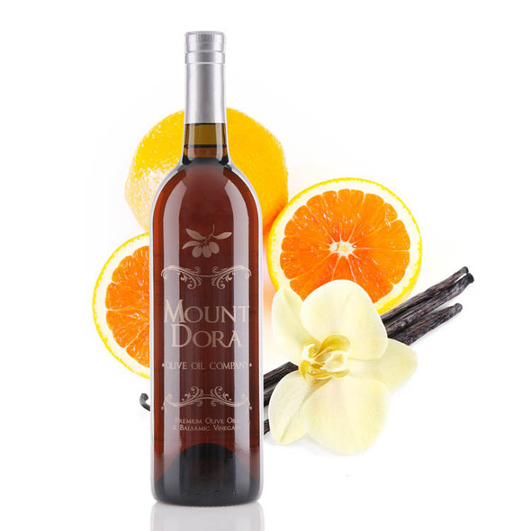 A 750mL bottle of Mount Dora Olive Oil Company Cara-Cara Orange Vanilla White Balsamic Vinegar
