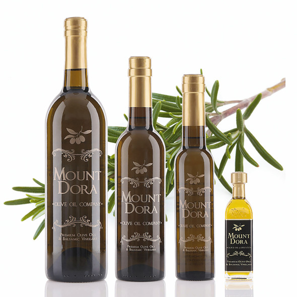 Four different size bottles of Mount Dora Rosemary Fused Olive Oil