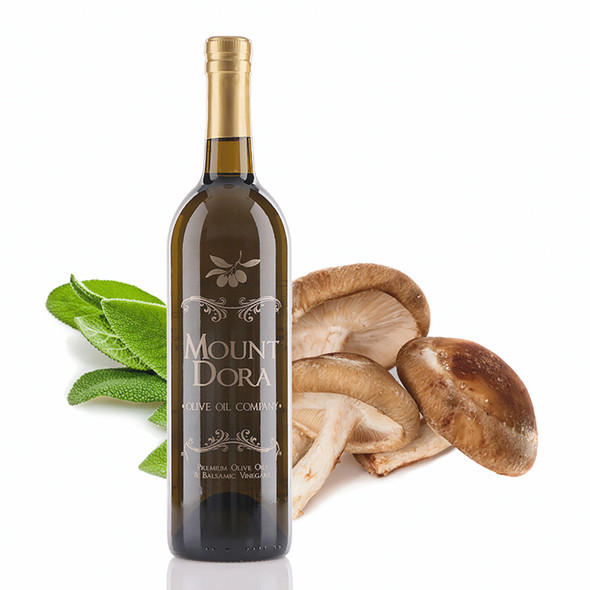 A 750mL bottle of Mount Dora Wild Mushroom & Sage Infused Olive Oil