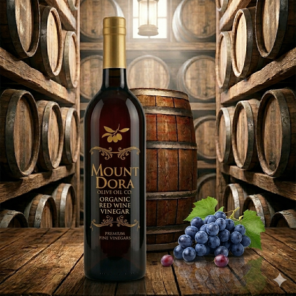 A bottle of Mount Dora Olive Oil Co. Red Wine Vinegar, with a gold label, stands on a rustic wooden table in a traditional cellar with stacked oak barrels and a cluster of ripe red wine grapes.