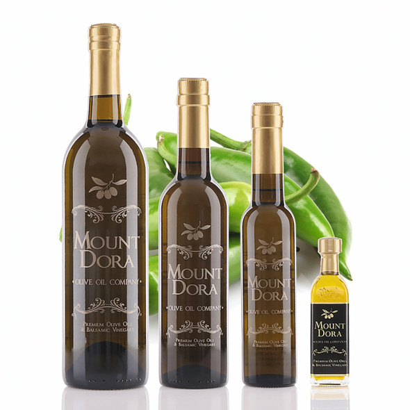 Four different size bottles of Mount Dora Baklouti Green Chili Fused Olive Oil