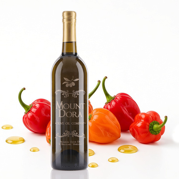 Product photo of Mount Dora Olive Oil Company Habanero fused olive oil. A tall dark green glass bottle with a gold foil cap stands center-left on a pure white studio background. The bottle is etched with an olive branch, the words Mount Dora Olive Oil Company, and Premium Olive Oils & Balsamic Vinegars. Behind and beside the bottle are whole ripe habanero peppers in red and orange with green stems. Small pools and droplets of golden olive oil sit on the white surface around the bottle base.