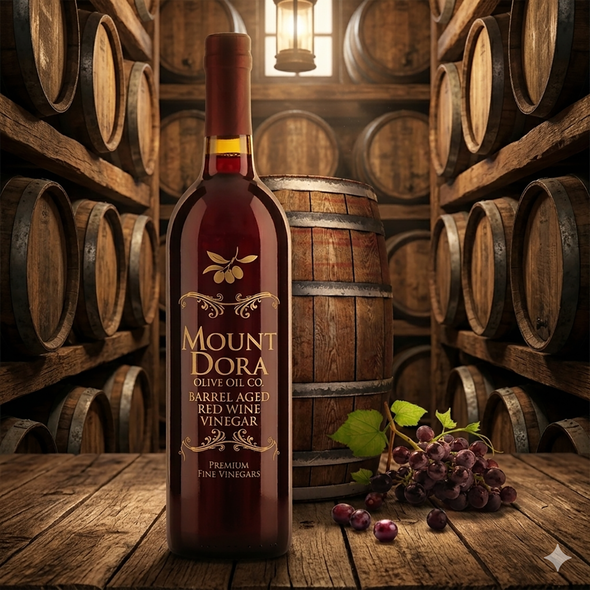 Mount Dora Barrel Aged Red Wine Vinegar bottle in a rustic cellar. The bottle features a gold label with an olive branch logo, set against a background of stacked oak aging barrels and a cluster of ripe red grapes on a wooden table.