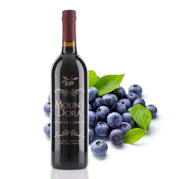 A 750mL bottle of Mount Dora Olive Oil Company Wild Blueberry Dark Balsamic Vinegar