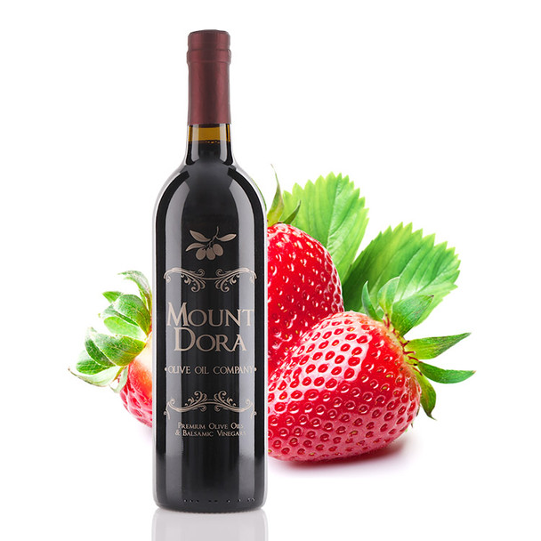 A 750mL bottle of Mount Dora Olive Oil Company Strawberry Dark Balsamic Vinegar