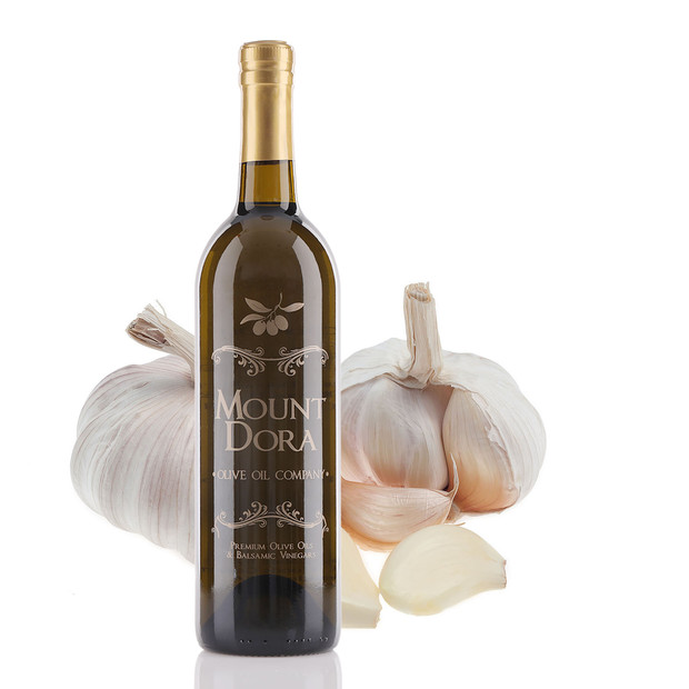 A 750mL bottle of Mount Dora Garlic Infused Olive Oil