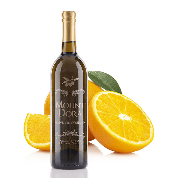 A 750mL bottle of Mount Dora Sweet Valencia Orange Infused Olive Oil
