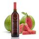 Pink Guava Rosé Balsamic Vinegar in a dark glass bottle displayed with whole and sliced pink guavas on a light background.