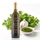 Mount Dora Olive Oil Company Chimichurri Verde olive oil in a dark glass bottle with a gold cap, beside fresh parsley, garlic, and a bowl of green chimichurri sauce on a white background.