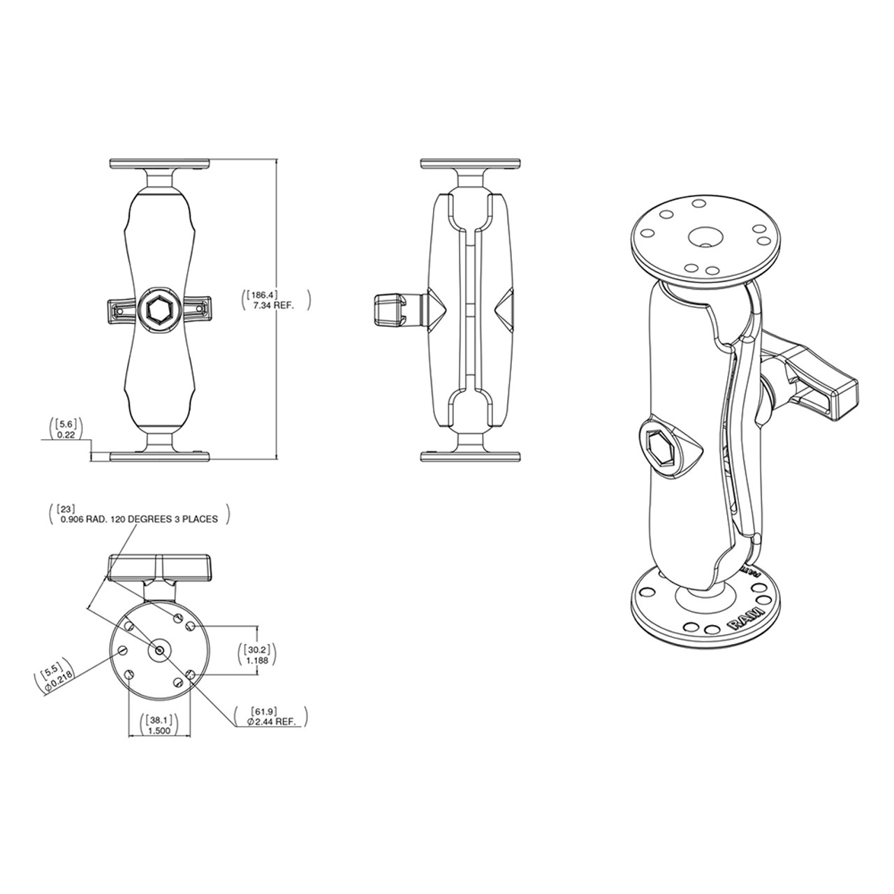 RAM Mount 1.5 Double Ball Mount with Hardware for Garmin Striker + More [ RAM-101-G4]