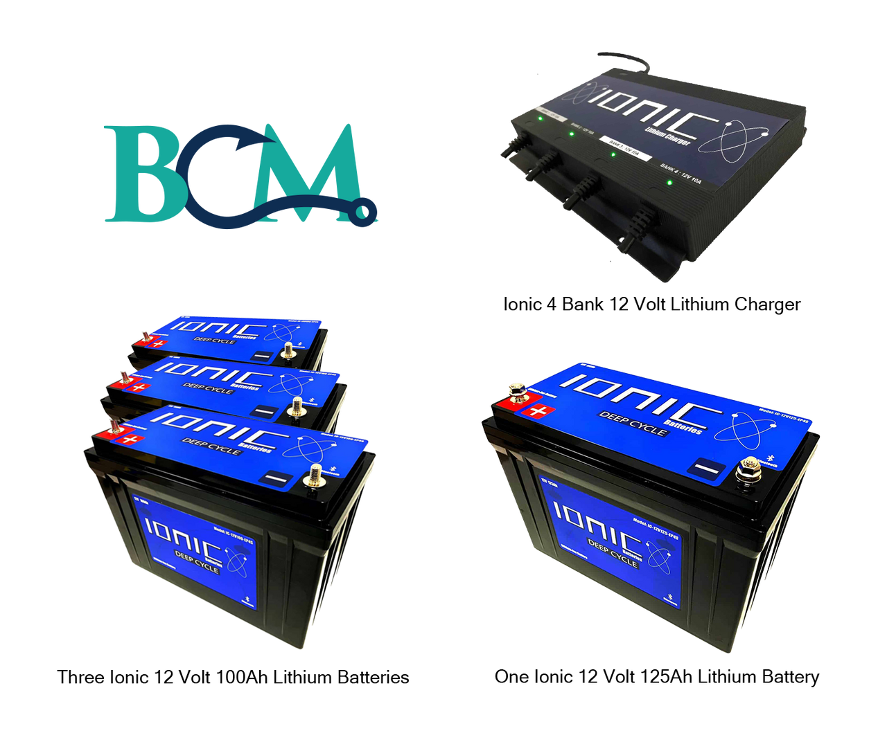 Ionic Lithium Battery Boat Bundle with three 100ah batteries, one 125ah battery, and the Ionic 4 bank 12v charger