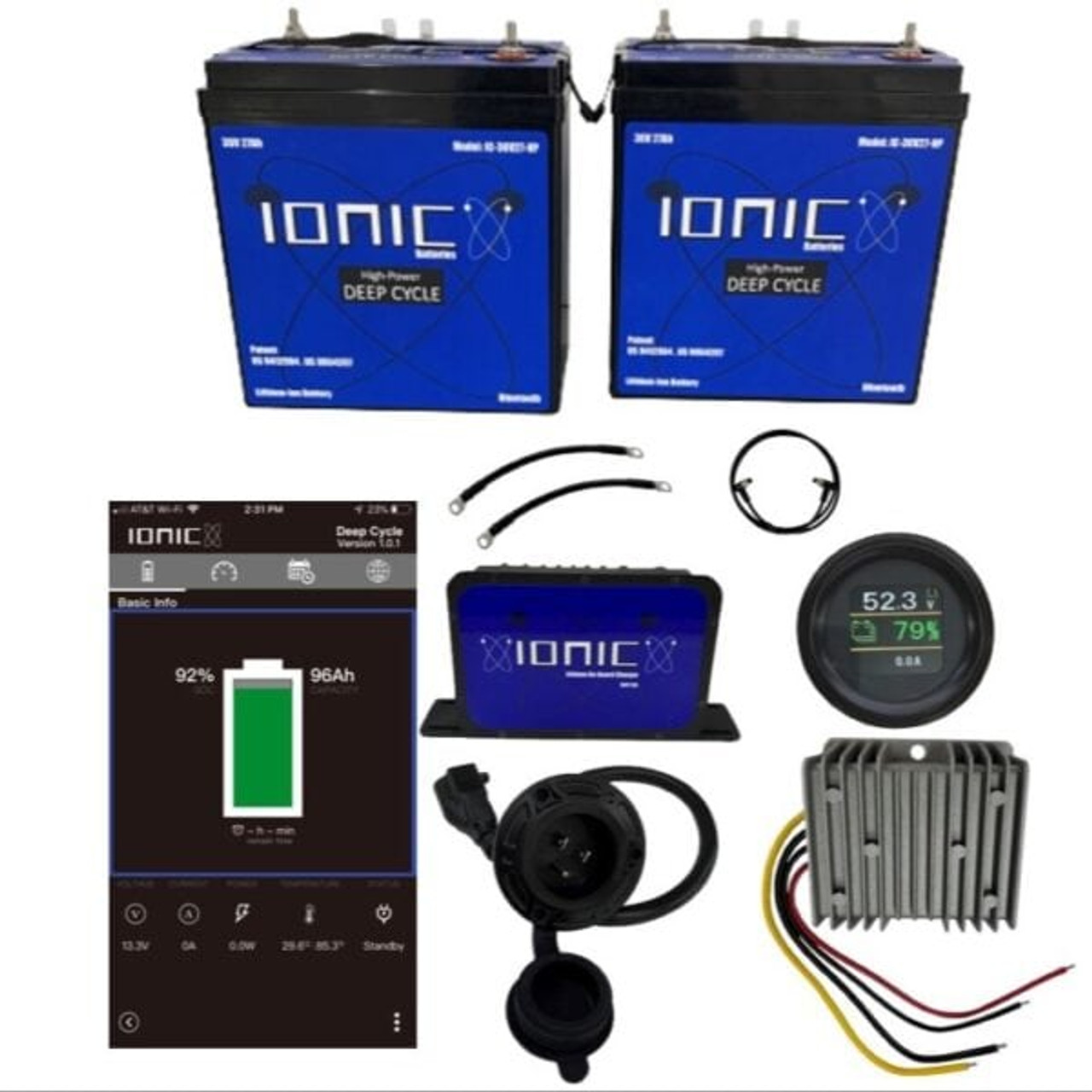 TWO – Ionic Lithium 36V 27Ah | Golf Cart LiFePO4 Deep Cycle Battery + Bluetooth
ONE – Ionic Lithium LiFePO4 36V 12A Charger
ONE – IONIC Battery Monitor CAN
ONE – Golf Cart Battery Voltage Converter 36V
ONE – Battery CAN Cable
TWO – 12in 4AWG Battery Cable
FREE – 120V Plug Adapter