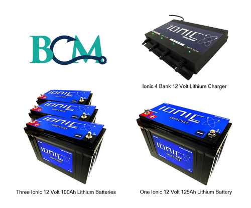 Ionic Lithium Battery Boat Bundle with three 100ah batteries, one 125ah battery, and the Ionic 4 bank 12v charger