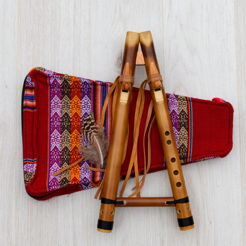 Double Native American Flute drone from Bamboo with case of peruvian cloth