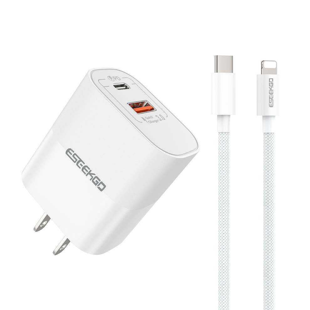 ESEEKGO 20W Fireproof Travel Adapter w/ 4FT Type-C To 8 PIN Fast Charging Cable (20W / US / 2 Ports) - White