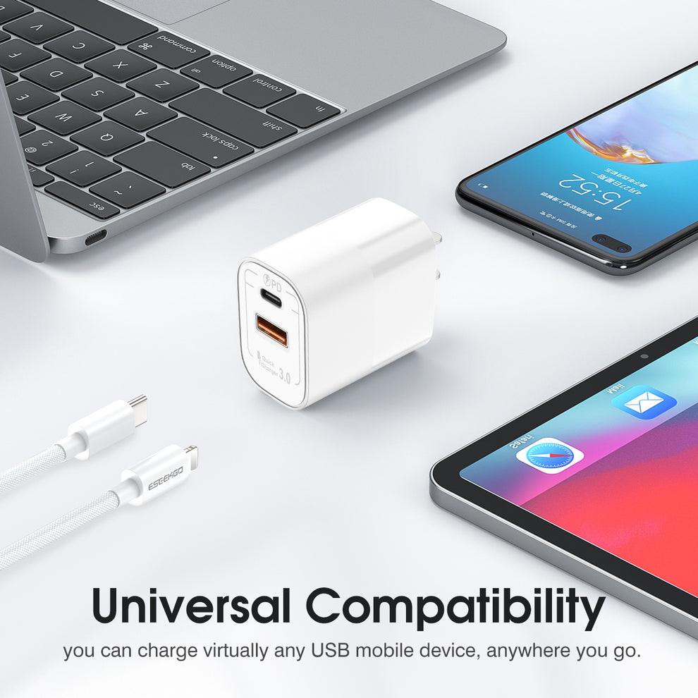 ESEEKGO 20W Fireproof Travel Adapter w/ 4FT Type-C To 8 PIN Fast Charging Cable (20W / US / 2 Ports) - White