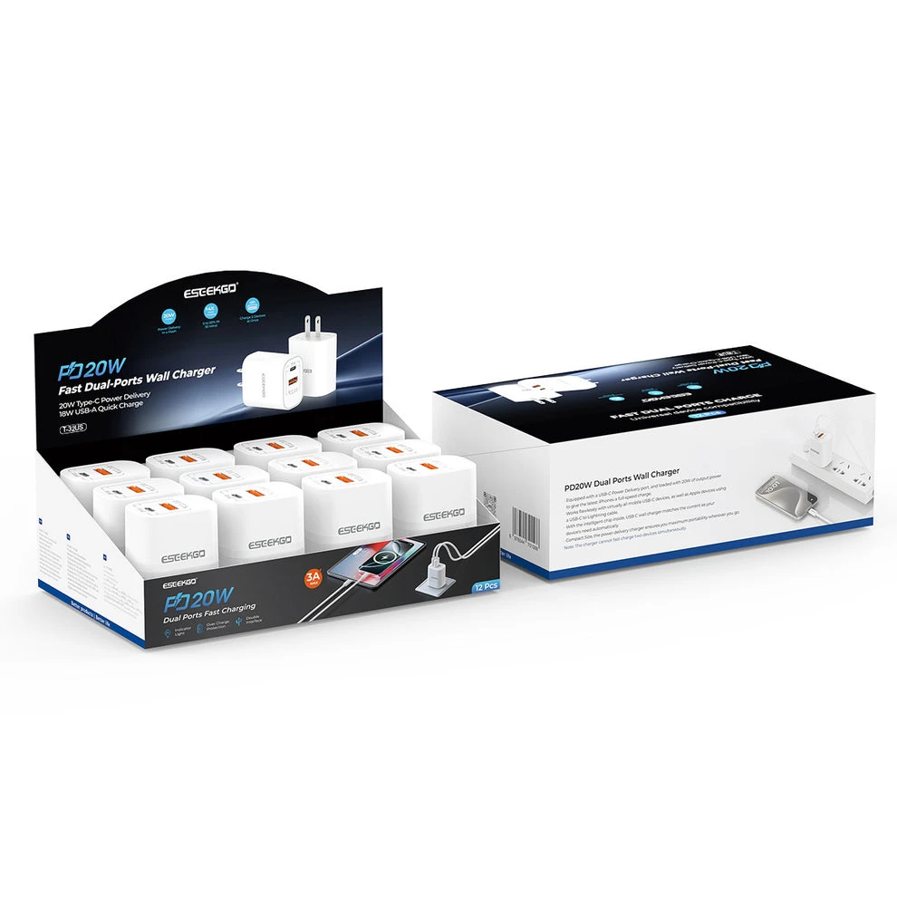 ESEEKGO T-32US 20W USB-A+USB-C (2PORTS) Travel Adapter Set 12pcs ($3/UNIT)