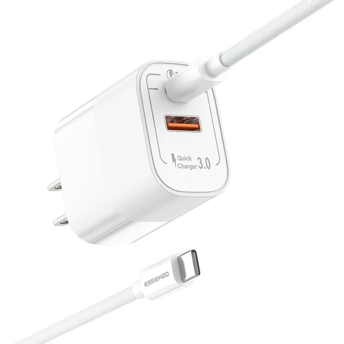 ESEEKGO 2 Ports USB & Type-C Travel Adapter Type-C To Type-C 4FT Fast Charging Cable - White
