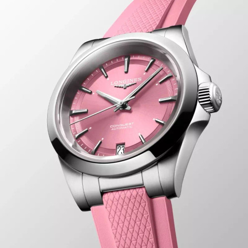 New Longines Conquest 34mm Pink Dial Rubber Women's Watch