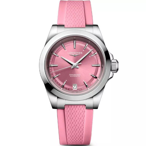 New Longines Conquest 34mm Pink Dial Rubber Women's Watch