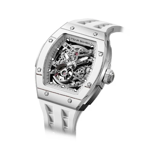 TSAR BOMBA Elemental Carbon 45mm Silver Skeleton Dial Men's Carbon Automatic Skeleton Watch TB8228CF-04