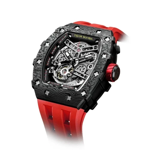 TSAR BOMBA Elemental Carbon 43mm Black Skeleton Dial Men's Carbon Automatic Skeleton Watch TB8208CF-39