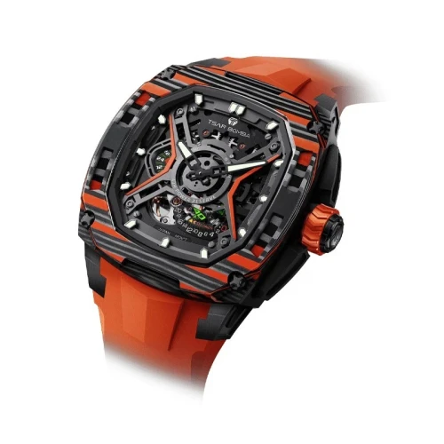 TSAR BOMBA Dark Matter 5 43mm Orange Skeleton Dial Men's Carbon Automatic Skeleton Watch TB8605-03