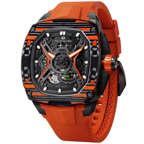 TSAR BOMBA Dark Matter 5 43mm Orange Skeleton Dial Men's Carbon Automatic Skeleton Watch TB8605-03