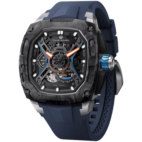 TSAR BOMBA Dark Matter 5 43mm Blue Skeleton Dial Men's Carbon Automatic Skeleton Watch TB8605-02