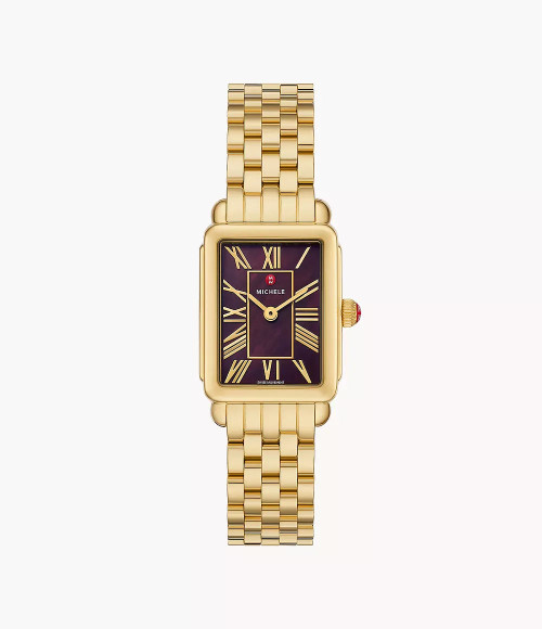 MICHELE Deco Park 18K Gold-Plated 29mm Dark Cherry MOP Women's Watch MWW06E000147