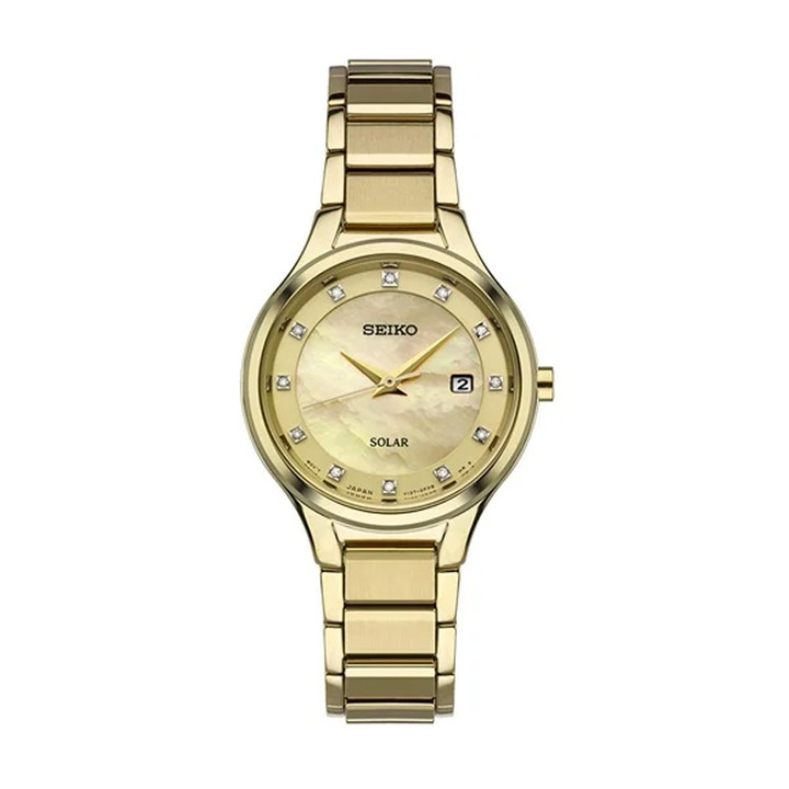 Seiko Solar Quartz 29mm Mother of Pearl Dial Steel Women's Watch SUT320
