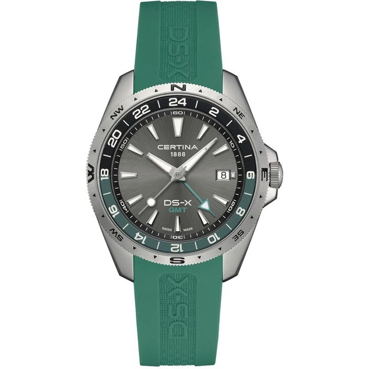 Certina DS-X GMT 41.2mm Grey Dial Green Rubber Men's Watch C0474521708100