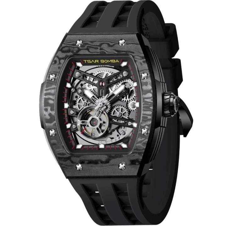TSAR BOMBA Elemental Carbon 45mm Black Skeleton Dial Men's Carbon Automatic Skeleton Watch TB8228CF-01