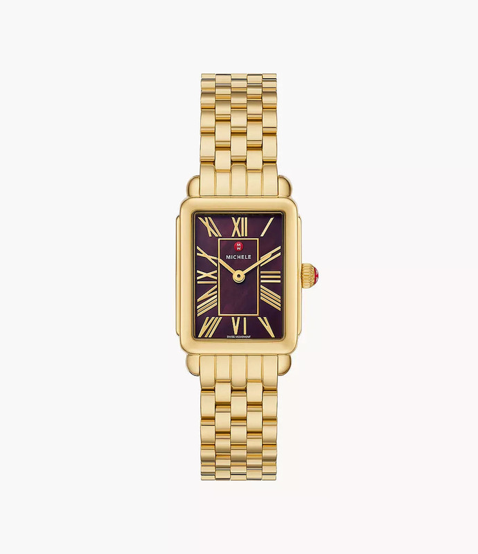 MICHELE Deco Park 18K Gold-Plated 29mm Dark Cherry MOP Women's Watch MWW06E000147